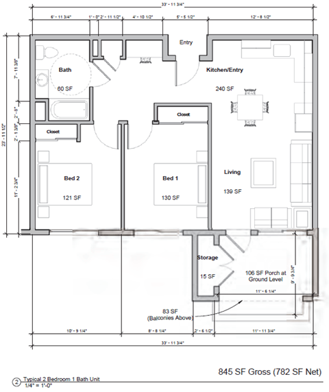 Floor plan for 2 beds, 1 bath, 782 sqft